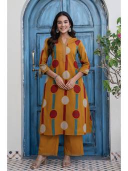 Kohsh - Mustard Womens Cotton Printed Kurta with Palazzo