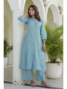 Kohsh - Blue Womens Cotton Stripe Print A-line Kurta with Palazzo