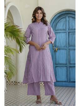 Kohsh - Purple Womens Cotton Stripe Print A-line Kurta with Palazzo