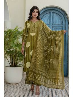Kohsh - Green Cotton Floral Print Kurta with Palazzo and Dupatta