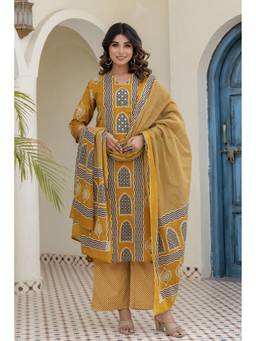 Kohsh - Mustard Cotton Ethnic Motif Kurta with Palazzo and Dupatta