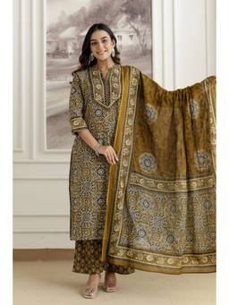Kohsh - Green Cotton Floral Print and Sequins Kurta with Palazzo and Dupatta