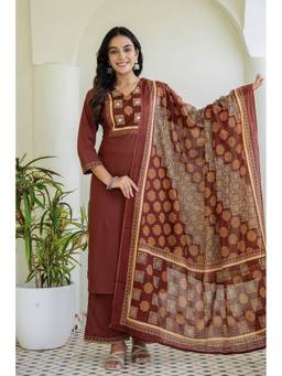 Kohsh - Rust Cotton Printed and Sequins Kurta with Palazzo and Dupatta