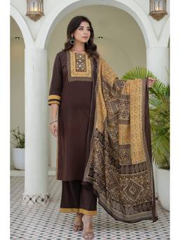Kohsh - Brown Cotton Printed and Sequins Kurta with Palazzo and Dupatta