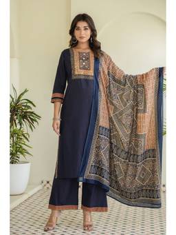 Kohsh - Blue Cotton Printed and Sequins Kurta with Palazzo and Dupatta