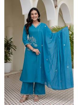 Kohsh - Turquoise Cotton Embroidered Kurta with Palazzo and Dupatta