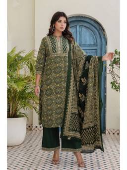 Kohsh - Green Cotton Ethnic Motif and Sequins Kurta with Palazzo and Dupatta