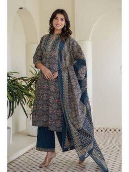 Kohsh - Blue Cotton Ethnic Motif and Sequins Kurta with Palazzo and Dupatta