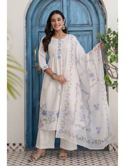 Kohsh - Off White Cotton Floral and Embroidery Kurta with Palazzo and Dupatta
