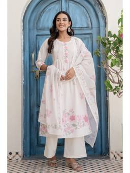 Kohsh - Off White Cotton Floral Kurta with Palazzo and Dupatta