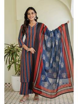 Kohsh - Multi-Color Cotton Stripe Kurta with Palazzo and Dupatta