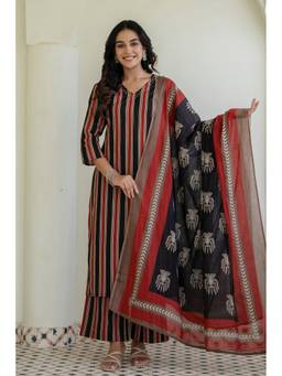 Kohsh - Multi-Color Cotton Stripe Print Kurta with Palazzo and Dupatta
