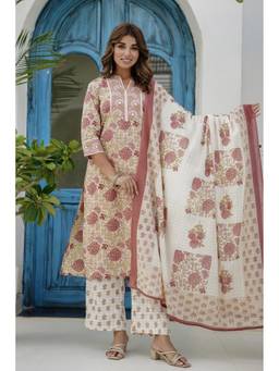 Kohsh - Pink Cotton Floral and Mirrorwork Kurta with Palazzo and Dupatta