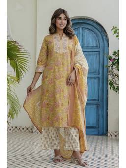 Kohsh - Yellow Cotton Floral and Mirrorwork Kurta with Palazzo and Dupatta