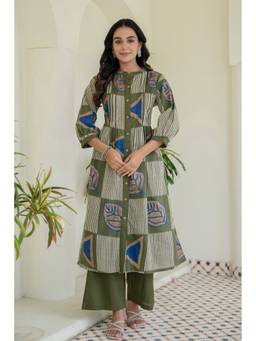 Kohsh - Green Womens Cotton Printed A-line Kurta with Palazzo