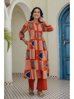 Kohsh - Rust Womens Cotton Printed A-line Kurta with Palazzo