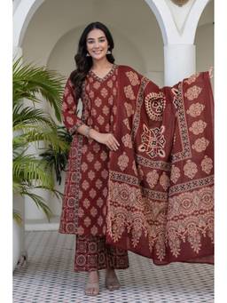 Kohsh - Maroon Cotton Ethnic Motif Kurta with Palazzo and Dupatta