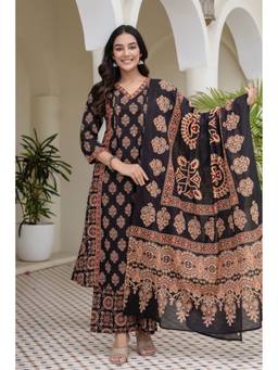 Kohsh - Black Cotton Ethnic Motif Kurta with Palazzo and Dupatta