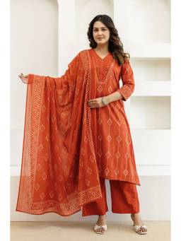 Kohsh - Rust Cotton Ethnic Motif A-line Kurta with Palazzo and Dupatta