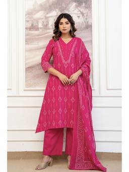 Kohsh - Pink Cotton Ethnic Motif A-line Kurta with Palazzo and Dupatta