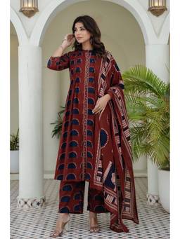 Kohsh - Maroon Cotton Geometric Print A-line Kurta with Palazzo and Dupatta