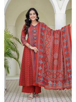 Kohsh - Red Womens Cotton Mirrorwork Anarkali Kurta with Palazzo and Dupatta