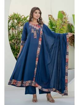 Kohsh - Blue Womens Cotton Printed Anarkali Kurta with Palazzo and Dupatta