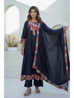 Kohsh - Navy Blue Womens Cotton Printed Anarkali Kurta with Palazzo and Dupatta
