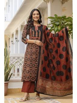 Kohsh - Maroon Cotton Ethnic Motif and Sequins Kurta with Palazzo and Dupatta