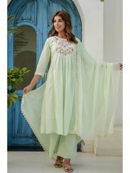 Kohsh - Green Womens Cotton Printed Anarkali Kurta with Palazzo and Dupatta