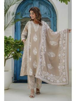 Kohsh - Beige Womens Cotton Embellished Anarkali Kurta with Palazzo and Dupatta