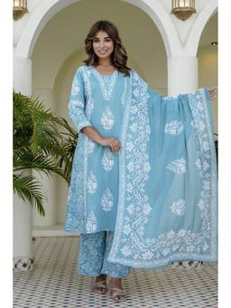 Kohsh - Blue Womens Cotton Embellished Anarkali Kurta with Palazzo and Dupatta