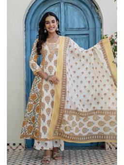 Kohsh - Mustard Womens Cotton Floral Anarkali Kurta with Palazzo and Dupatta