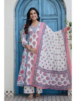 Kohsh - Pink Womens Cotton Floral Anarkali Kurta with Palazzo and Dupatta