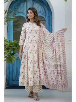 Kohsh - Cream Womens Cotton Floral Anarkali Kurta with Palazzo and Dupatta