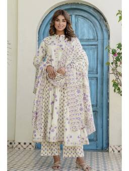 Kohsh - Cream Womens Cotton Floral Anarkali Kurta with Palazzo and Dupatta