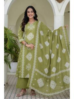 Kohsh - Green Cotton Ethnic Motif Kurta with Palazzo and Dupatta