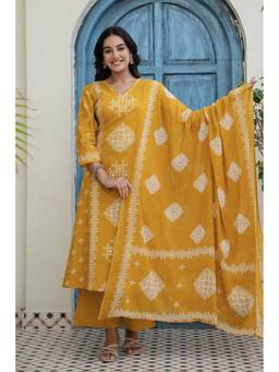 Kohsh - Mustard Cotton Ethnic Motif and Mirrorwork Kurta with Palazzo and Dupatta