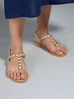 Twenty Dresses by Nykaa Fashion - Nude Almond Toe Studded T Strap Flats