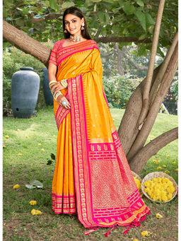 Sangam Prints - Yellow Paithani Silk Woven Work Traditional Tassels Saree with Unstitched Blouse