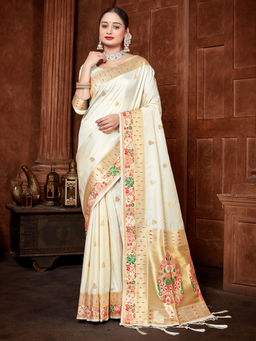 Sangam Prints - White Paithani Silk Woven Work Traditional Tassels Saree with Unstitched Blouse