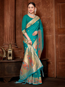Sangam Prints - Sea Green Paithani Silk Woven Work Traditional Tassels Saree with Unstitched Blouse