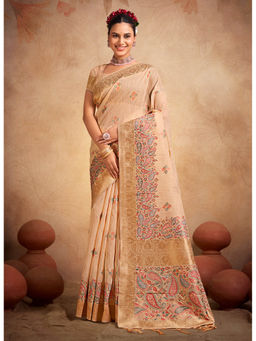 Sangam Prints - Beige Cotton Woven Work Traditional Tassels Saree with Unstitched Blouse
