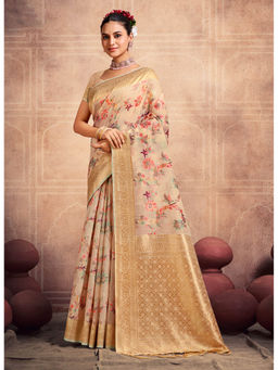 Sangam Prints - Cream Cotton Woven Work Traditional Tassels Saree with Unstitched Blouse