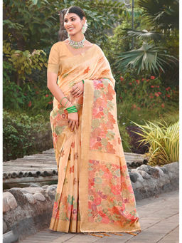Sangam Prints - Cream Cotton Woven Work Traditional Tassels Saree with Unstitched Blouse