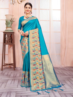 Sangam Prints - Sky Blue Paithani Silk Woven Work Traditional Tassels Saree with Unstitched Blouse