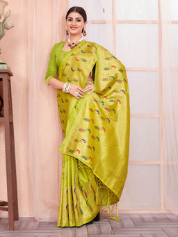 Sangam Prints - Parrot Green Paithani Silk Woven Work Traditional Tassels Saree with Unstitched Blouse