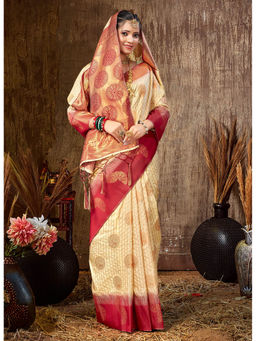Sangam Prints - Cream Silk Woven Work Traditional Tassels Saree with Unstitched Blouse