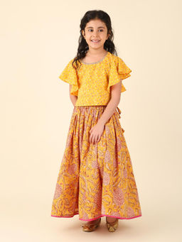 Fabindia - Yellow Cotton Hand Block Printed 2Pc Lehenga and Choli (Set of 2)