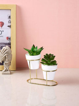 Tayhaa - White 2 Pieces Succulent Artificial Plant with Pot & Stand